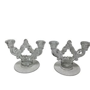 2 Cambridge Glass Key Hole Double Candlesticks Etched Base Candle Holders Vtg‎